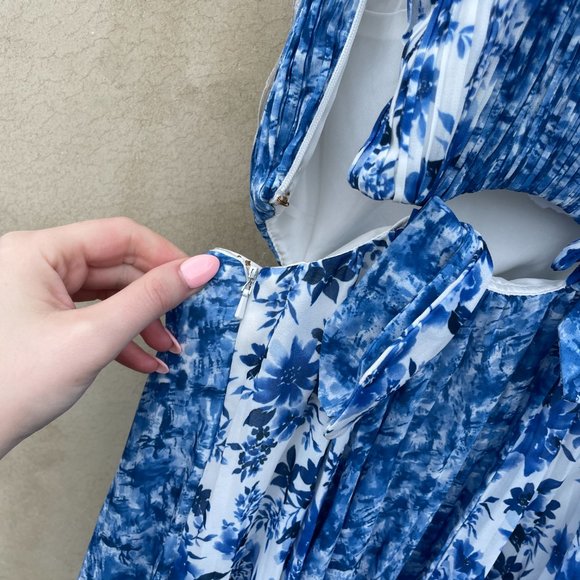 Amur Holland Tie Pleated Chiffon Maxi Spaghetti Strap Dress Blue Floral Print - Picture 10 of 13